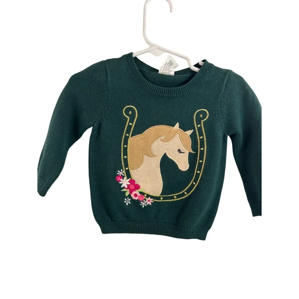 Gymboree Horse Sweater 6-12 Months Green Horseshoe Floral Knit Baby Girls